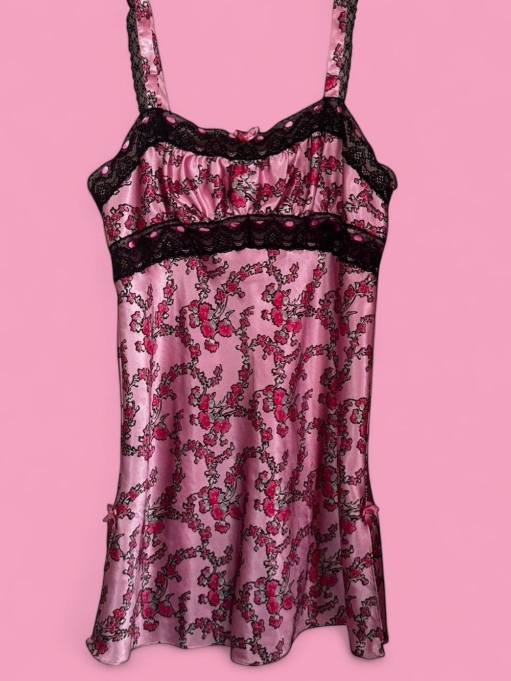 Pink Floral Satin Chemise with Black Lace Trim - Betsey Johnson